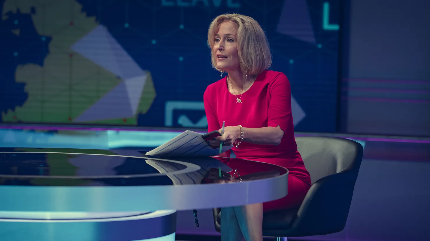 Gillian Anderson plays BBC anchor Emily Maitlis in “Scoop.”